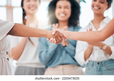Business People Shaking Hands With Applause For Deal, Agreement And Networking Success In Office Agency. Partnership Handshake, Meeting Collaboration And Hiring Celebration For Promotion Opportunity