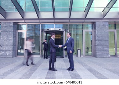 Business People Shaking Hands, Finishing Up A Meeting Outside Office