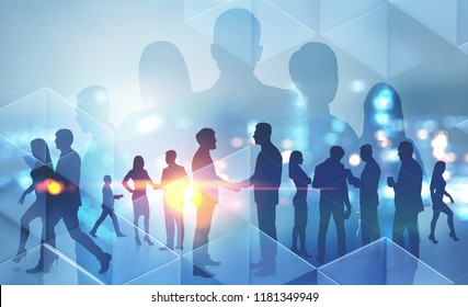 Business People Silhouettes Walking, Talking And Shaking Hands Over Night City Background. Partnership And Sealing A Deal Concept. Toned Image Double Exposure Copy Space