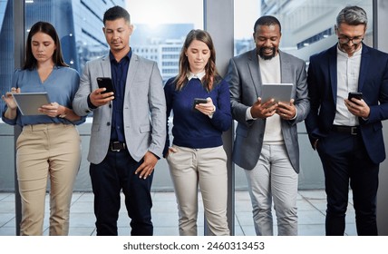 Business people, smartphone and tablet in office waiting room for communication, job interview or social media. Technology, team or group in for recruitment, collaboration and support or planning - Powered by Shutterstock