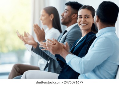 Business people, smile and meeting with applause in row or crowd for communication at trade show. Corporate team, clapping hands and audience in training seminar or conference for networking - Powered by Shutterstock