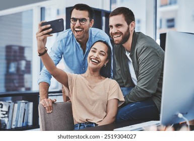 Business, people and smile with selfie at office with for social media post as graphic designers. Teamwork, employees and happy or excited with support, memories and profile picture on collaboration - Powered by Shutterstock