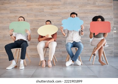 Business people, speech bubble and communication poster of mockup vote, social media and advertising mock up. Diversity, teamwork and billboard marketing space in global language translation company - Shutterstock ID 2221901899