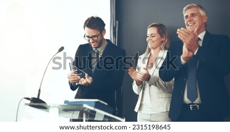 Business people, staff and employee with an award, applause or promotion with celebration, achievement or goal. Corporate, group or team with consultant, success or clapping with company development