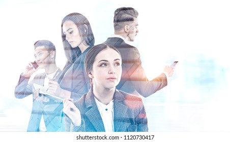 Business People Standing Together. A Foggy City Background. Concept Of A Teamwork In International Law Company. Toned Image Double Exposure Mock Up.