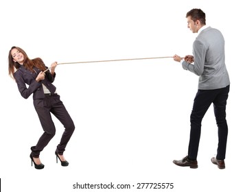 Business People Stretching Rope Isolated On White