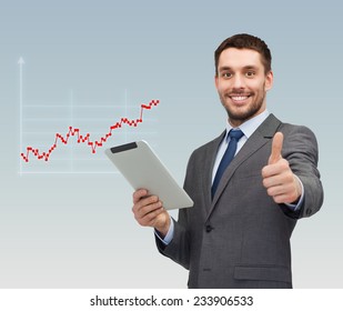 Business, People, Success And Finances Concept - Smiling Young Businessman With Tablet Pc Computer Showing Thumbs Up Gesture Over Gray Background And Forex Graph Going Up