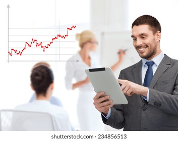 Business, People, Success And Finances Concept - Smiling Young Businessman With Tablet Pc Computer Over Gray Background And Forex Graph Going Up