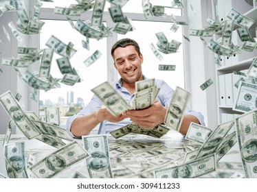 business, people, success and fortune concept - happy businessman with heap of dollar money at office - Shutterstock ID 309411233