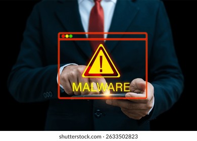 business people in suit hand touching on mobile phone with virtual malware attack warning graphic icon, virus protection software, cybersecurity, business finance, internet network technology concept