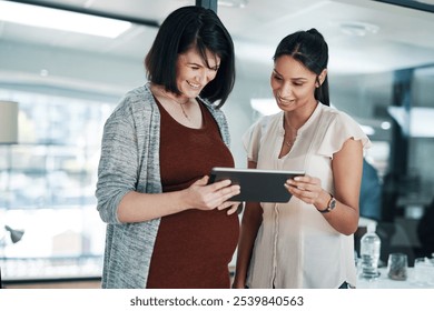 Business people, tablet and conversation with happy manager, review and public relations project. Working, collaboration and teamwork with diversity, tech and brand campaign with pregnant woman - Powered by Shutterstock