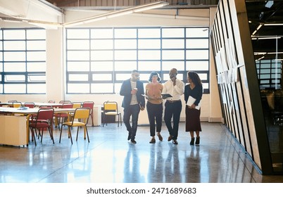 Business people, tablet and discussion in office cafeteria on coffee break for diversity, ideas or support. Men, woman and teamwork with digital touchscreen for brainstorming, talk or problem solving - Powered by Shutterstock