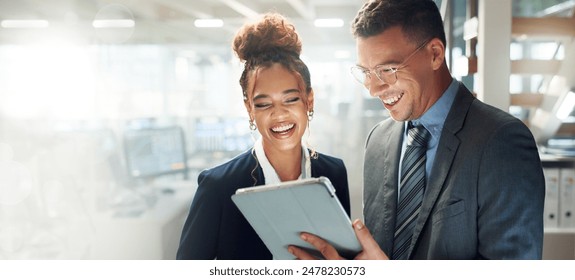 Business people, tablet and office with collaboration, teamwork and laugh from project success. Happy, staff and company with digital planning and financial research at audit agency with mockup - Powered by Shutterstock