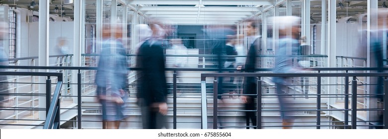 Business People Talking In Office Corridor, Industrial Interior, Panorama