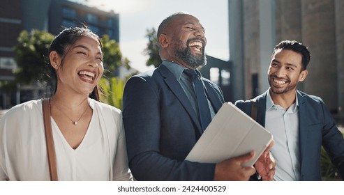 Business people, talking and walking by office buildings in morning, collaboration and travel to workplace in discussion. Teamwork, laughing and accountant with ambition and working in town in cbd - Powered by Shutterstock