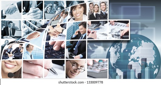 Business people team collage. Technology background.