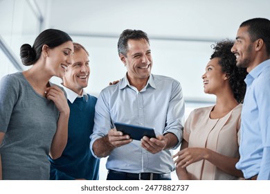 Business people, team and laughing with tablet in office for funny online browsing, comic email and research. Group, employees or collaboration with digital tech for planning, networking or diversity - Powered by Shutterstock