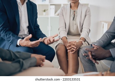 Business People, Teamwork And Collaboration Support In Group Therapy, Team Building Or Strategy Planning Circle. Hands, Diversity Or Office Mental Health With Men And Women In Help Counseling Meeting