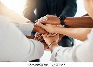 Business People, Teamwork And Hands In Support Of Vision, Innovation And Collaboration In Trust Huddle Closeup. Hand, Community And Team Building With Employee Team Share Strategy, Goal And Planning