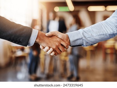 Business people, teamwork and shaking hands for meeting, collaboration, success or startup in office workspace. Professional clients or b2b worker with handshake for thank you, welcome or onboarding