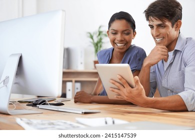 Business people, teamwork and tablet for office planning, digital marketing and social media analytics. Young professional employees or analyst reading and check technology for startup project ideas - Powered by Shutterstock