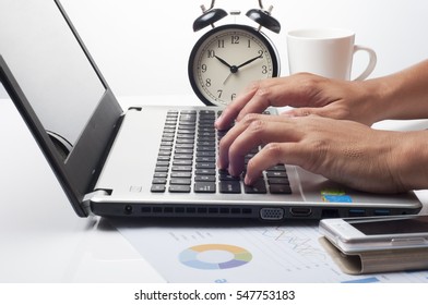 business, people, technology and programming concept - close up of hands typing on laptop keyboard in office