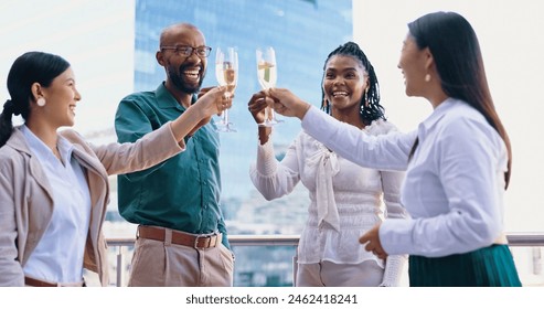 Business people, toast and Champagne for celebration and success with deal, contract and teamwork outdoor. Cheers, alcohol drink and achievement, support and trust with corporate win and diversity - Powered by Shutterstock