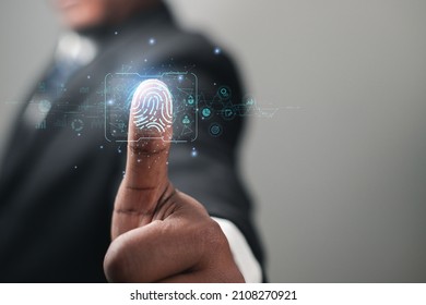 Business people use fingerprints to access personal financial information. cyber digital innovation technology security
