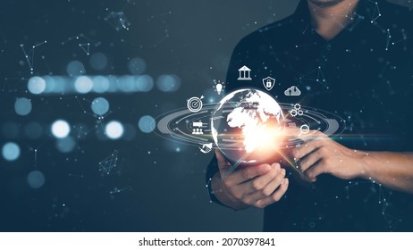 Business people use their smartphones to access world-class Internet connectivity with business application technology and digital marketing, access to financial and banking information.