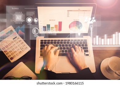 Business people using computer laptop HUD screen display projection, reading charts graphs statistics analyzing data gathering information technology business design idea planning, work desk station - Shutterstock ID 1980166115