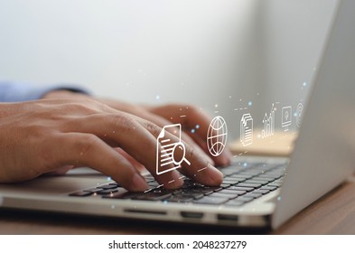 business people using computers in content marketing concept with human hands using smart computers on computer screen background
