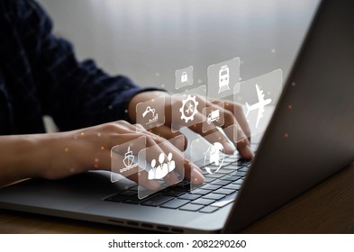 Business people using business computers deal with global distribution and logistics network distribution on industrial container terminals. Export, import, warehousing, online distribution. - Shutterstock ID 2082290260
