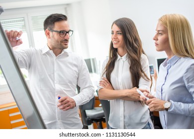 Business People Using Flipchart In Office.