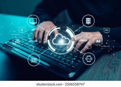 Business people using laptop with cloud computing system , Storage and data transfer Cloud network, Cloud technology. Networking and internet service, sharing download and upload and internet service - Powered by Shutterstock