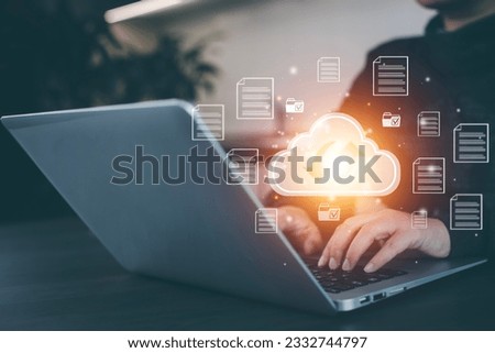 Business people using laptop with cloud computing system , Storage and data transfer Cloud network, Cloud technology. Networking and internet service, sharing download and upload and internet service