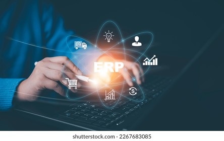 Business people using a laptop with document management for ERP. Enterprise resource planning concept,Enterprise Resource Management ERP software system for business resources plan presented. - Shutterstock ID 2267683085