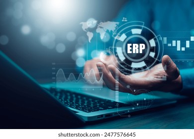 Business people using a laptop with document management for ERP. Enterprise resource planning concept,Enterprise Resource Management ERP software system for business resources plan presented. - Powered by Shutterstock