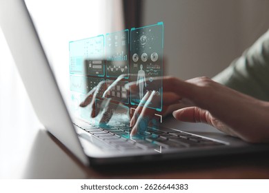 Business people using laptop with futuristic cloud management dashboard — displaying server stats, file control, and performance analytics. - Powered by Shutterstock - Get 15% off with code: PIKWIZARD15