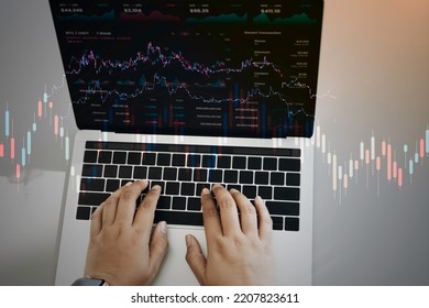 Business People Using Laptop With Various Type Of Financial And Investment Products In Bond Market. I.e. Crypto Currency, Bonds, Stocks. Sustainable Portfolio Management.