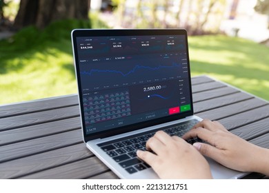 Business People Using Laptop With Various Type Of Financial And Investment Products In Bond Market. I.e. Crypto Currency, Bonds, Stocks. Sustainable Portfolio Management.