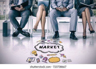 Business people waiting to be called into interview against market text amidst various vector icons  - Powered by Shutterstock