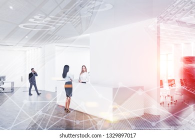 Business People Walking Near White Reception Desk Standing In Modern Office Lobby With White Walls, Conference Room And Manager Offices With Glass Doors. Toned Image Double Exposure Blur