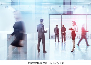 Business People Walking And Standing In Office Lobby With White Reception Counter. Double Exposure Of Cityscape. Toned Image Blurred