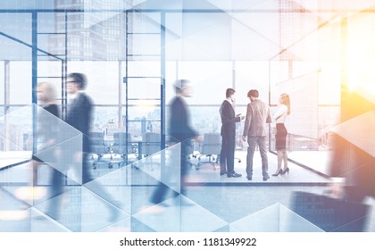 Business People Walking And Talking In A Modern Company Office. Geometric Pattern And Skyscrapers Foreground. Toned Image Double Exposure Mock Up Blurred