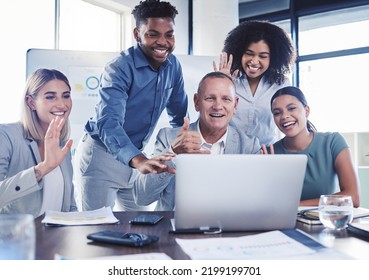 Business People Waving, Video Conference Call And Laptop Meeting For Global Webinar, Online Communication And Virtual Planning. Happy Internet Consulting, Technology Team And Diversity Collaboration