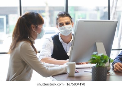 Business People With Wearing Hygienic Mask Prophylactic Manager Talking In Meeting Work Room Planning.