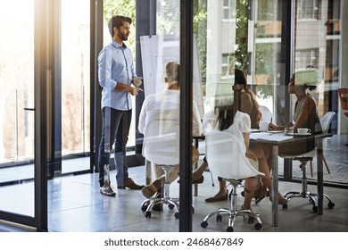 Business people, whiteboard or man speaker in office presentation in finance, review or training plan. Meeting, learning or accounting team collaboration in support for workshop, coaching or feedback - Powered by Shutterstock