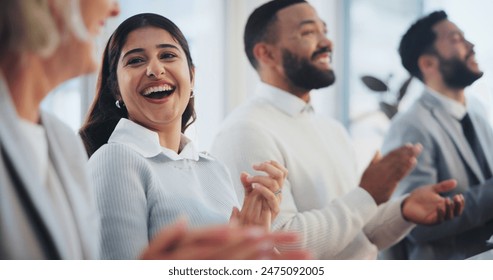 Business people, woman and audience for applause in office, workshop or award ceremony at company. Group, team and happy for support, cheers or celebration for promotion, speech or success at meeting