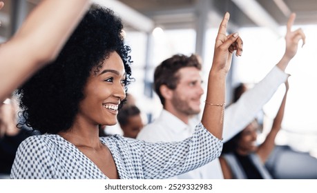 Business people, woman and audience with hands up in presentation for answer, interaction and engagement. Group seminar, happy and arms raised for questions in training meeting for learning skills - Powered by Shutterstock