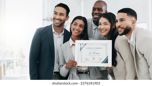 Business people, woman and certificate in office, presentation or teamwork for performance, goal or success. African CEO, happy employee group and diploma for achievement, thanks or award at workshop - Powered by Shutterstock